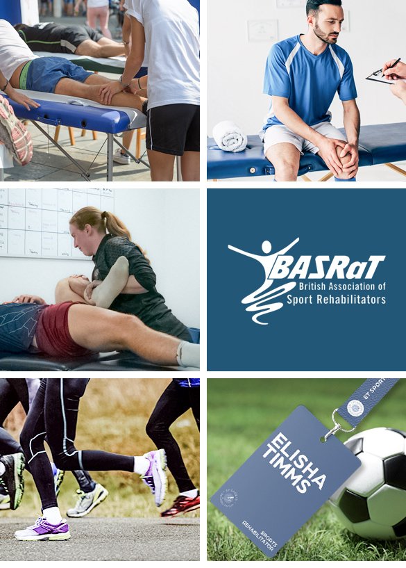 Collage of sports rehab treatment photos showing sports massage, pre session questionairre and Elisha Timms identity card