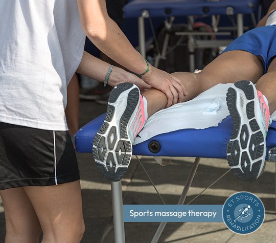 Sports rehabilitation patient receiving a sports massage to his calf