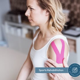 Woman sitting on a chair receiving sports rehabilitation treatment